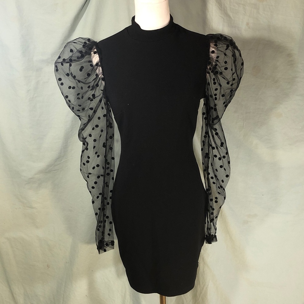 Prom Black Dress with Sheer Polka Dot Mesh Sleeves Size Small - Picture 12 of 16